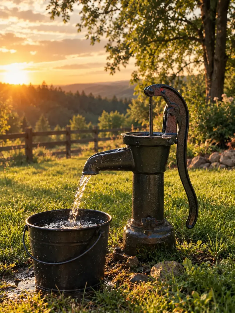 Cast-iron hand pump pouring well water into a bucket on a green Oregon hillside at sunset