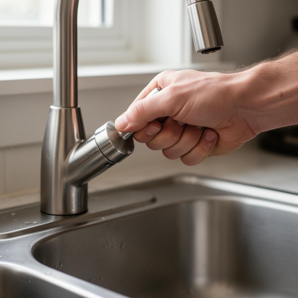 Hand turning a kitchen faucet with no water coming out — a common well pump failure symptom